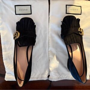 Gucci Black Suede Fringe Loafers with Gold Horsebit Accent